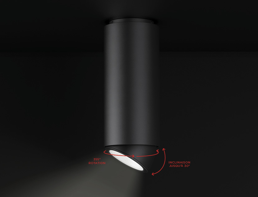 Close up of Syrios Pro fixture on black background to show adjustability options